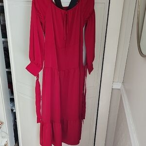 Red Midi Peasant Dress With Ties On Sleeves. See Measurments.